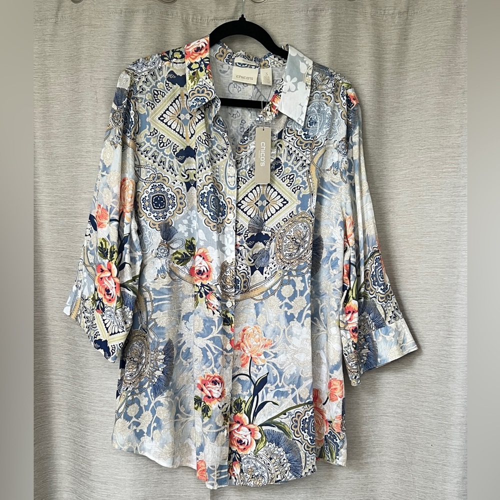 Chico's Floral and Geometric Print Button Tunic Blouse NWT